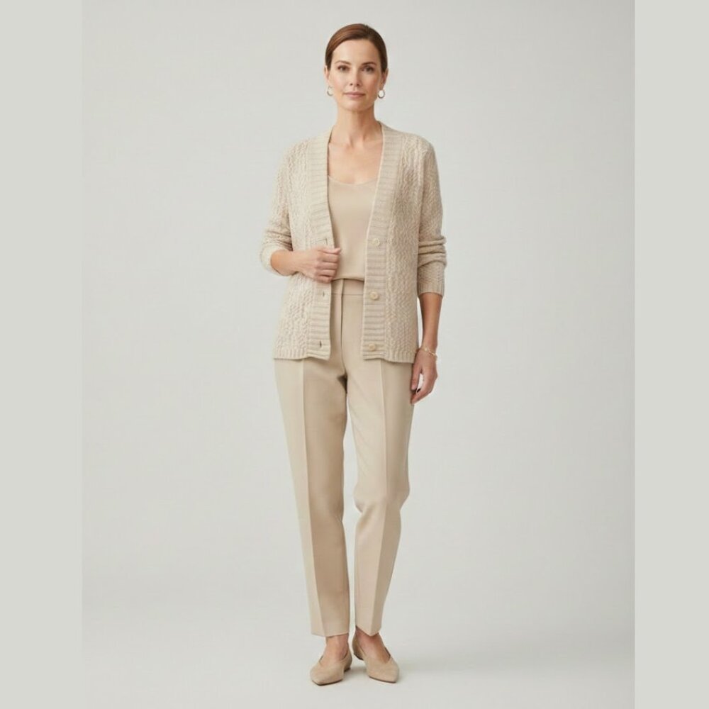 TSE 100% Cashmere Cableknit Beige Cardigan Sweater Womens M Luxury Old Money